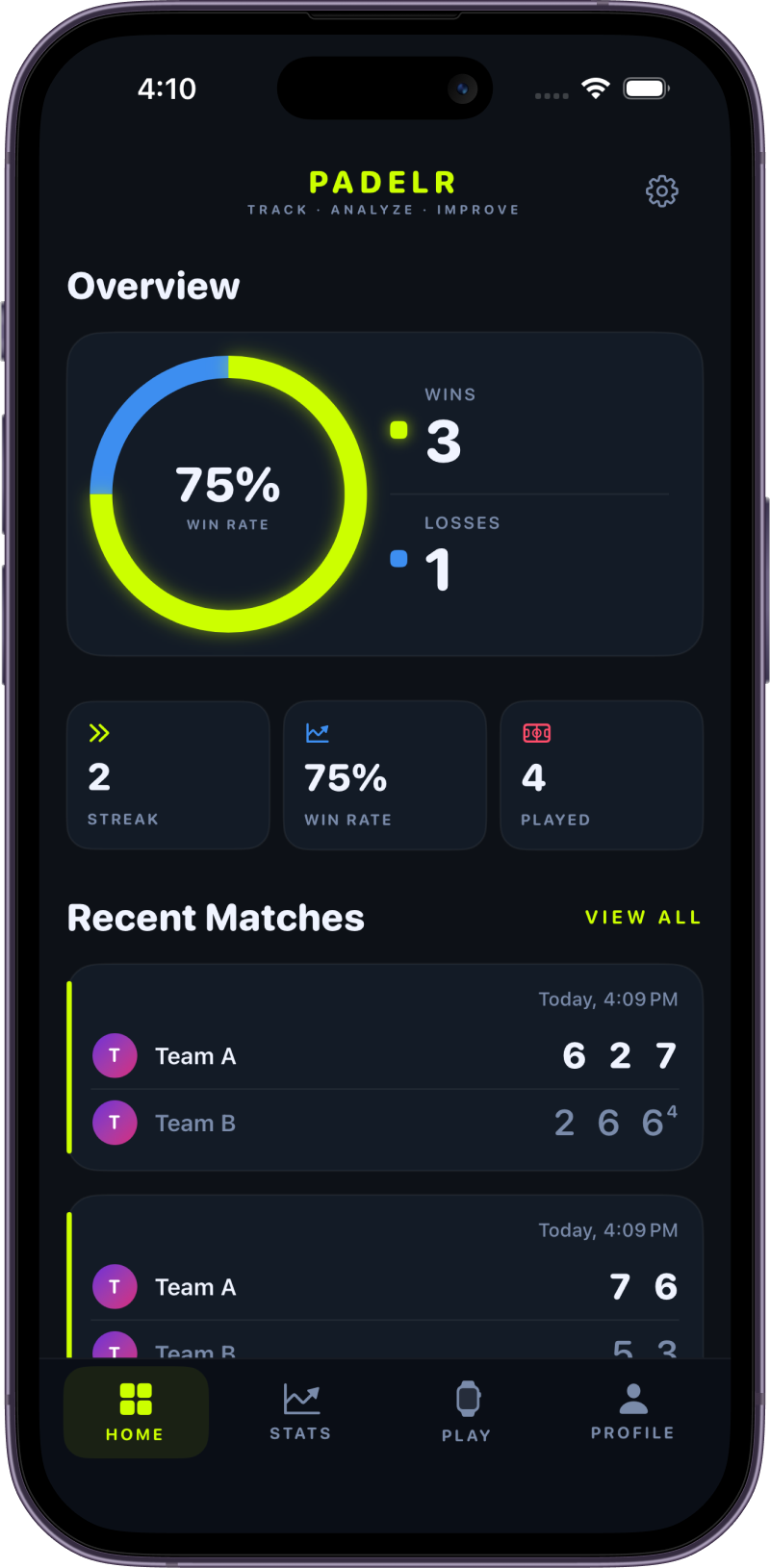 Padelr on iPhone — overview dashboard