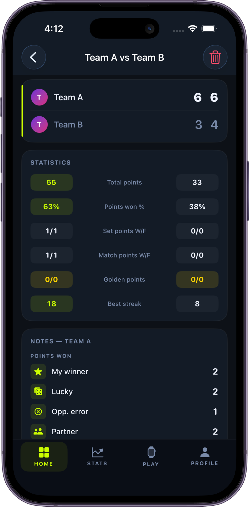 Padelr iPhone match statistics screen